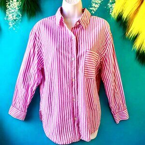Sonoma Button Down Shirt Long Sleeve Pocket Pink Stripes Dropped Back